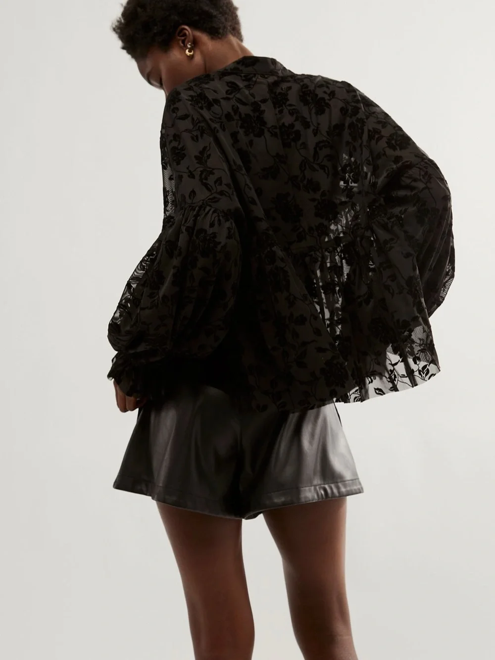 Free People Wednesday Bed Jacket Sheer Floral Velvet Tie-Front Blouse - Black